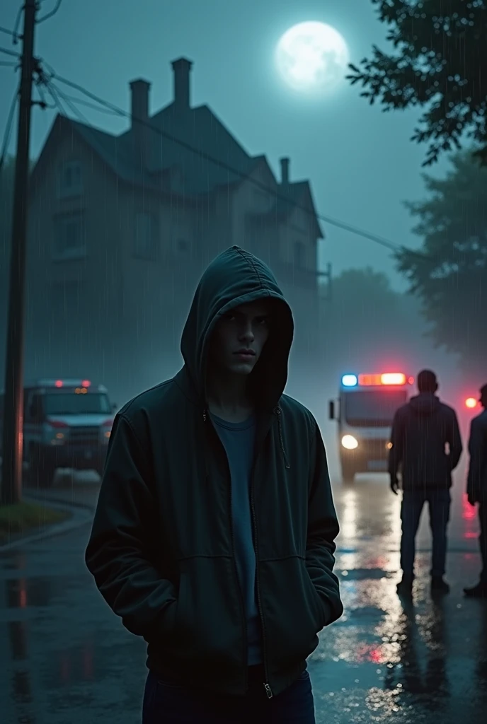 rompts
Copiar prompts
um jovem homem, scared hood, sad in a humid and rainy environment, with an atmosphere of suspense, photo taken at night. Ao fundo, a big haunted house. Where a crime took place. The police, ambulance and people looking curiously And a moon that illuminates. In the background a mysterious man watches the ..