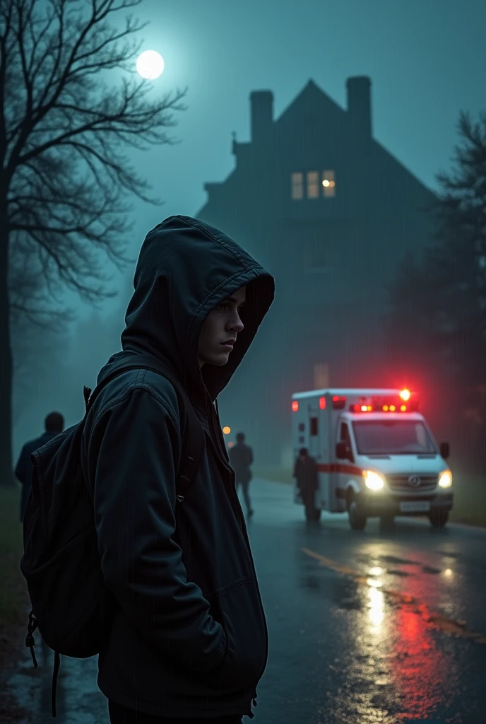 rompts
Copiar prompts
um jovem homem, scared hood, sad in a humid and rainy environment, with an atmosphere of suspense, photo taken at night. Ao fundo, a big haunted house. Where a crime took place. The police, ambulance and people looking curiously And a moon that illuminates. In the background a mysterious man watches the ..