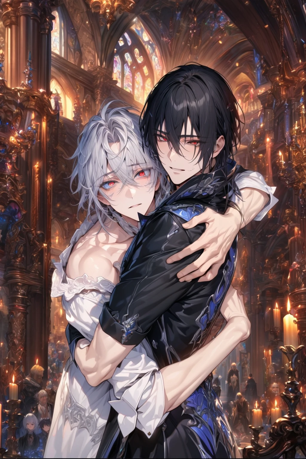 absurdres, highres, ultra detailed, HDR, master piece, best quality, extremely detailed, detailed face, detailed eyes, Shiki, black hair, expressive red eyes, Togainu No Chi, Akira, silver hair, expressive blue eyes, two men hugging, handsome, mature man, adult face, black leather coat with high collar, white shirt, black gloves, fantasy, magical, window, church, candles, pillars 