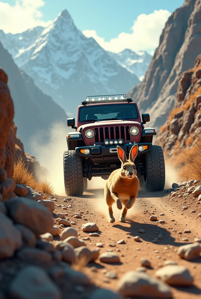 A rabbit and a jeep going down the mountain at full speed