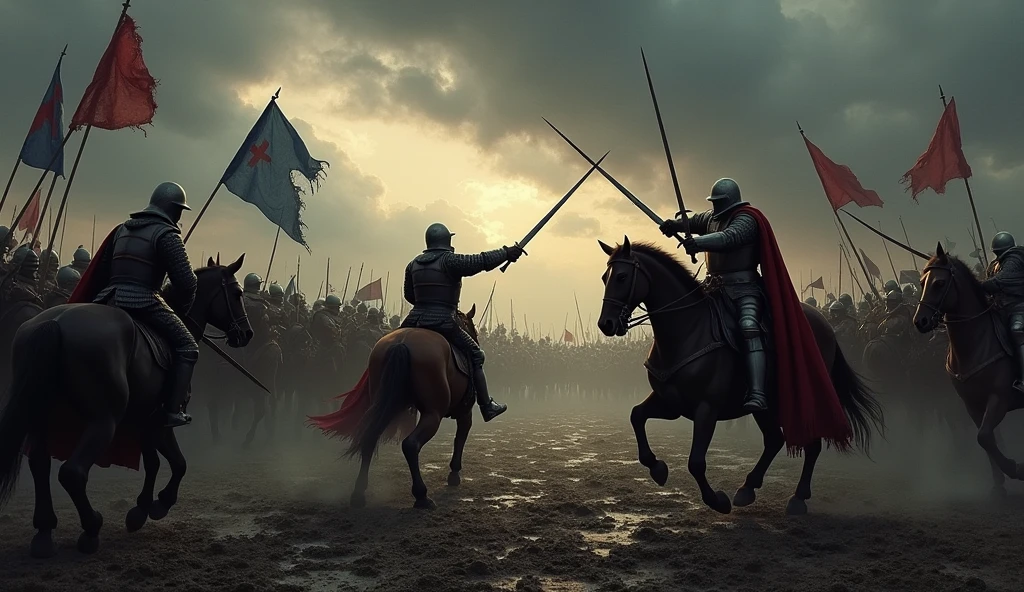 A dramatic medieval battle scene during the Hundred Years' War unfolds under a brooding, overcast sky. English and French knights clash amidst a chaotic battlefield, their dark, detailed armor glinting in the dim light. The ground is churned into mud by the relentless advance of troops and horses. In the foreground, a fierce duel between a French knight and an English warrior is captured mid-swing, their swords striking sparks in the gloomy atmosphere. Around them, soldiers struggle in a tumultuous mêlée, with banners and standards fluttering in the wind. The scene is framed by dark, stormy clouds and scattered debris, adding to the somber and intense mood. The depiction, rich in dark tones and dramatic shadows, mirrors the evocative and detailed style of Edmund Blair Leighton., Surrealism, Hyperrealism, UHD, retina, masterpiece, accurate, anatomically correct, textured skin, super detail, 16k