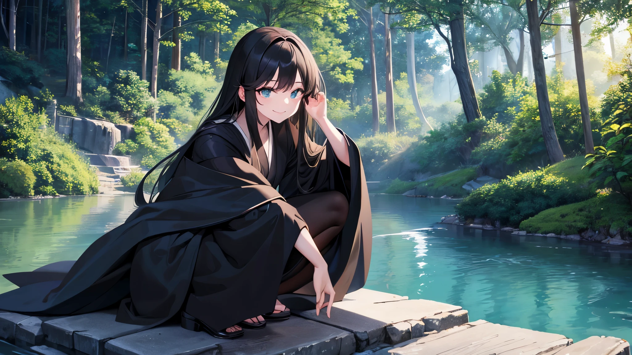 Apprentice wizard girl wearing black robe、Emerald clean sparkling eyes、Dark brown long hair、Crouching by the quiet river、smile、One person、solo、Retro anime style