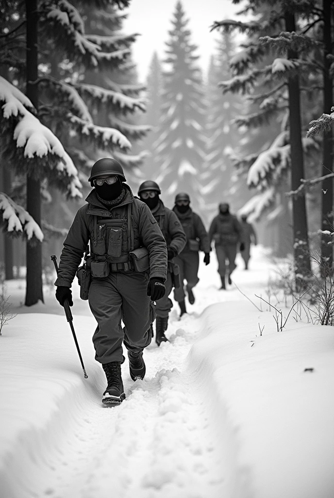 make a photograph of soldiers behind trees/conifers being mobilized sneakly, in snow suits, winter glasses, masked and wearing helmets, bad quality, sneakily view, 1950s, black and white, sneakily photo, photography among the trees, photography among the trees, sneakily, the soldiers are far away, the soldiers are far away, the soldiers are far away