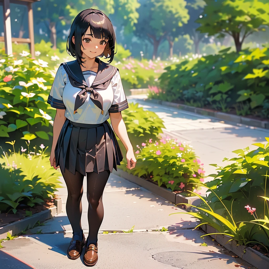 (Highest quality, High resolution, Super detailed, Realistic:1.37), Peaceful atmosphere, (Outdoor, garden), Teenage girl standing alone,(my breasts are big.),Beautifully detailed features, Cute Smile, ((Black bob hair)),Short-sleeved sailor uniform, Pleated skirt,Black tights,Brown leather shoes.
