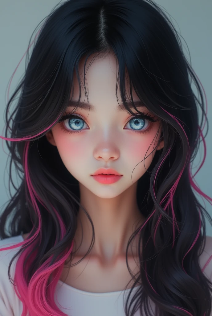 A girl with light blue eyes and black hair with pink highlights