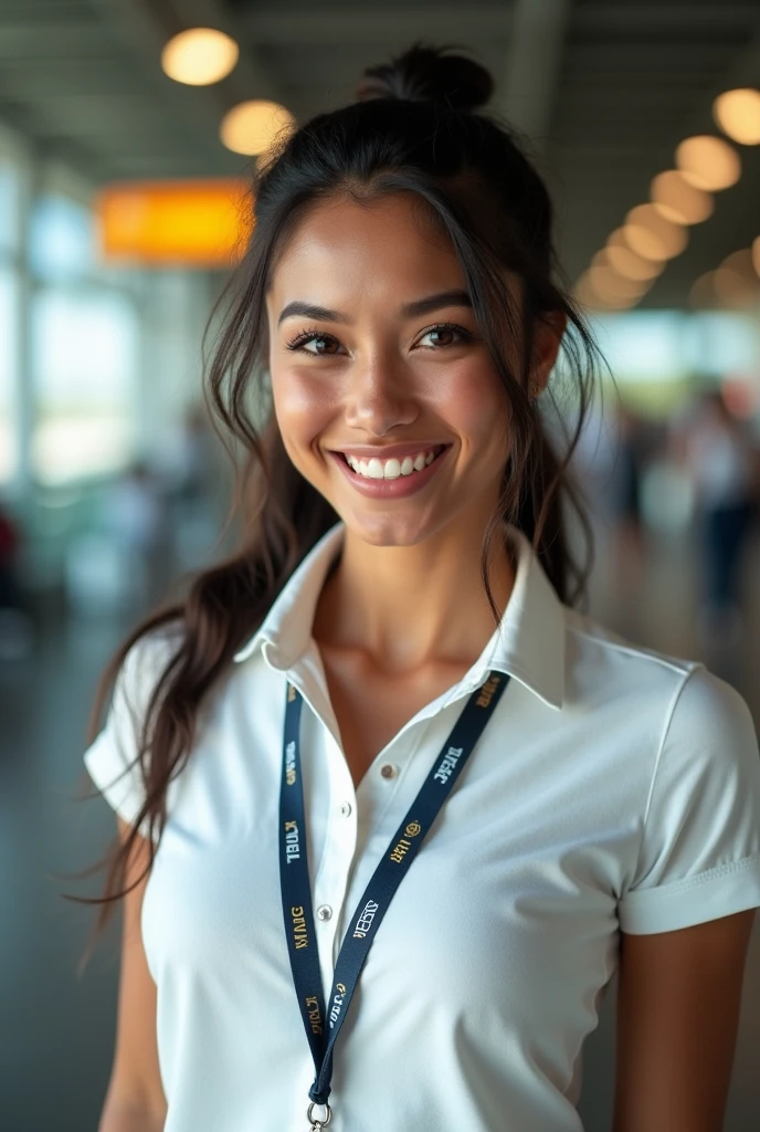 (photorealism: 1.2), hot brazilian sexy girl in sexy dynamic pose. raw portrait photography, hyper realistic and detailed face, complex and realistic skin texture, hot body, athletic body, smiling, long black hair tied up, receptionist in white work polo shirt welcoming travelers with a airport badge around his neck 