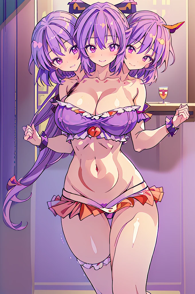 (masterpiece, best quality), best quality, (ultra-detailed), ((3heads:1.5)), ((three headed girl:1.5) 1girl, (sara (touhou):1.3), masterpiece, best quality, ultra detail, ultra resolution, ultra detail, red crop top with white sleeves, crop top, ((stomach)), midriff, ((groin)), red skirt, normal ears, shackles, waist-length purple hair, very long hair, wavy hair, ((purplette:1.5)), (same hair color:1.5), purple eyes, very detailed eyes, parted lips, smirking, grin, cute smile, smiling, cute, open belly, toned belly, slender waist, hand on own chest, eyelashes, (2 woman:1.3), (masterpiece:1.5), (best quality:1.5), (beautiful detailed:1.5), extremely detailed CG, extremely delicate and beautiful, depth of field, (finely detailed face), (perfect details:1.2), (mature female:1.4), sexy body, slender, large veiny breast, 16k resolution, highres, very high quality, very high definition, extremely detailed, masterpiece, waist-length purple hair, long hair, alluring presence, braid, short skirt, close up, very big tits, very huge breasts, young, 3heads, girl with three heads, three headed girl,