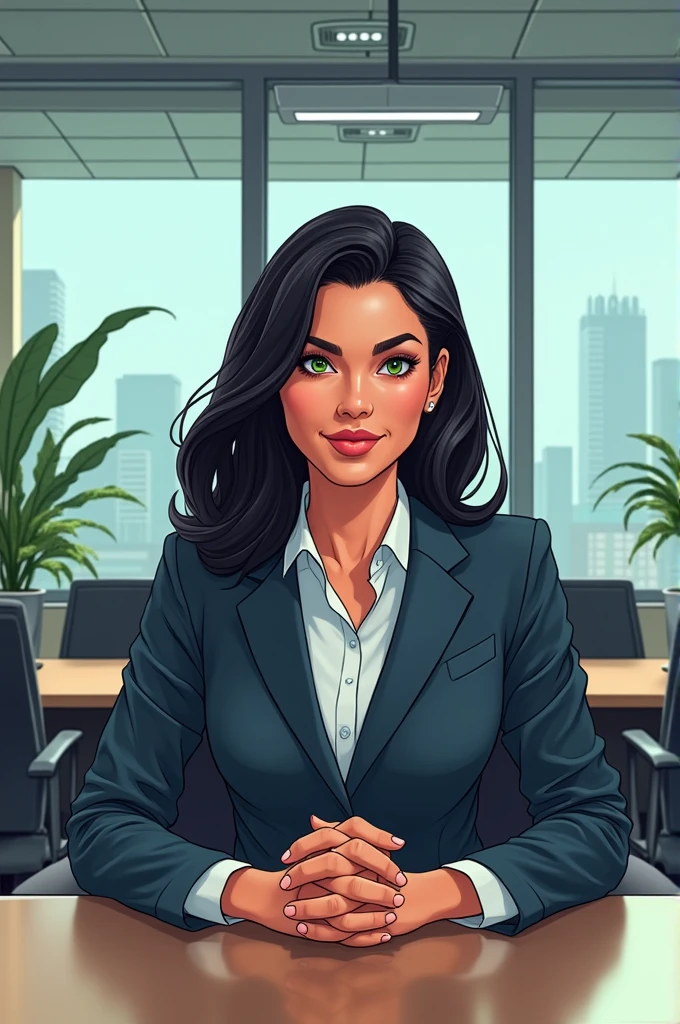 Create a comic style image about maya, a black haired girl, white skin, green eyes, sitting in an office conference room wearing formal attire. 