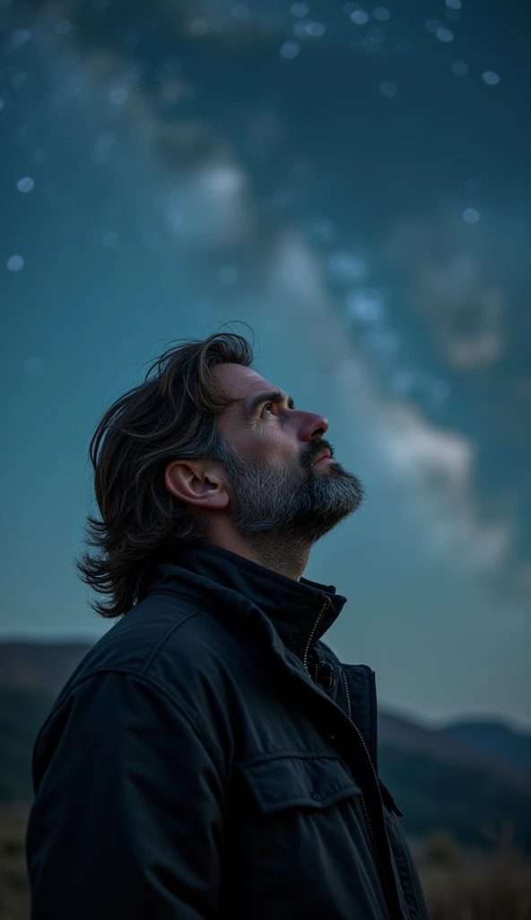 8k, high-quality, photograph, man (british, homeless, age 41, long brown hair: 1.2, short stubble: 1.3, wearing dark jacket) looking at a starry sky, concept of life-changing encounters, dreamy atmosphere, soft focus