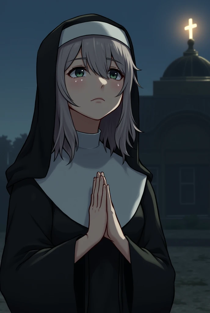 A girl dressed as a nun praying, with wavy hair and something covering her hair, looking up at the sky with little tears in realistic a little dark like art from before 