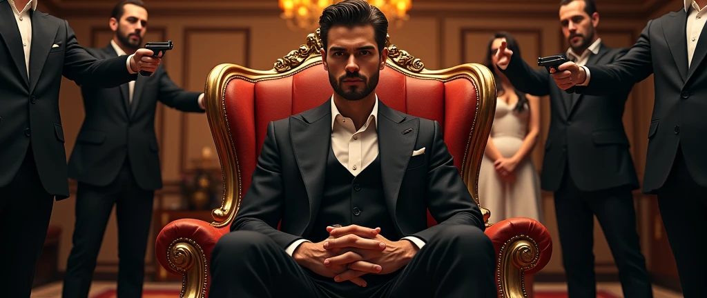 A striking and powerful movie poster featuring a young, handsome Mafia Boss exuding confidence as he sits in a luxurious boss chair. He is impeccably dressed in a stylish, tailored suit. Behind him stands a beautiful woman, elegantly dressed, embodying grace and poise. Next to her, there is a second version of the Mafia Boss dressed in simple, unassuming clothes, adding an intriguing contrast.

The background is a lavish bungalow with an opulent design, hinting at the Mafia Boss's hidden empire. Surrounding the bungalow are several men, all dressed in black suits, holding guns firmly in their hands, creating a sense of dominance and authority. The overall atmosphere is intense and dramatic, with a mix of luxury and power, setting the tone for a thrilling narrative.