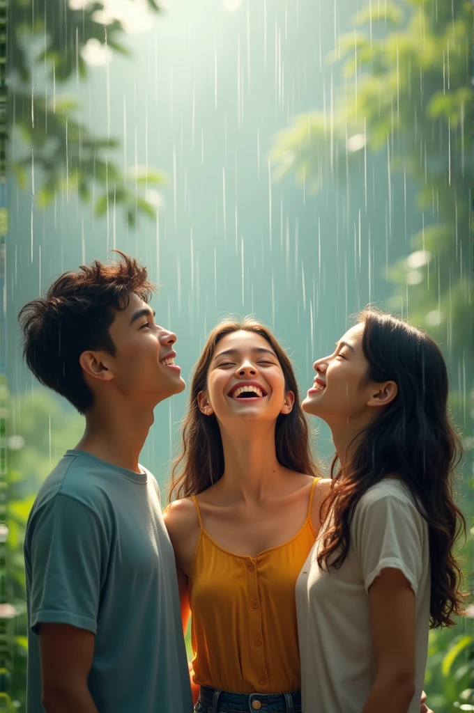 Three young people looking at the sky smiling while rain falls on their faces