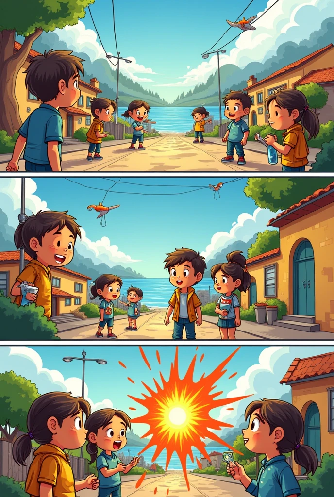 Comic strip with vignettes with characters and conversation about natural disasters such as earthquakes for children in Spanish