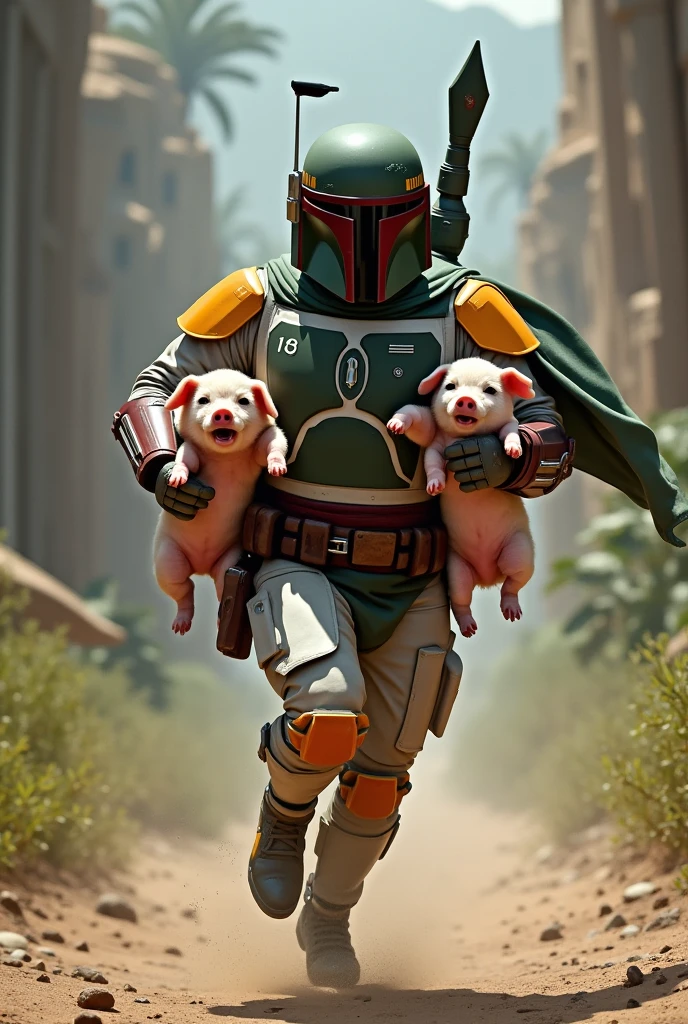 Boba Fett runs away with piglets in his arms、Star Wars、movie、Mandaean