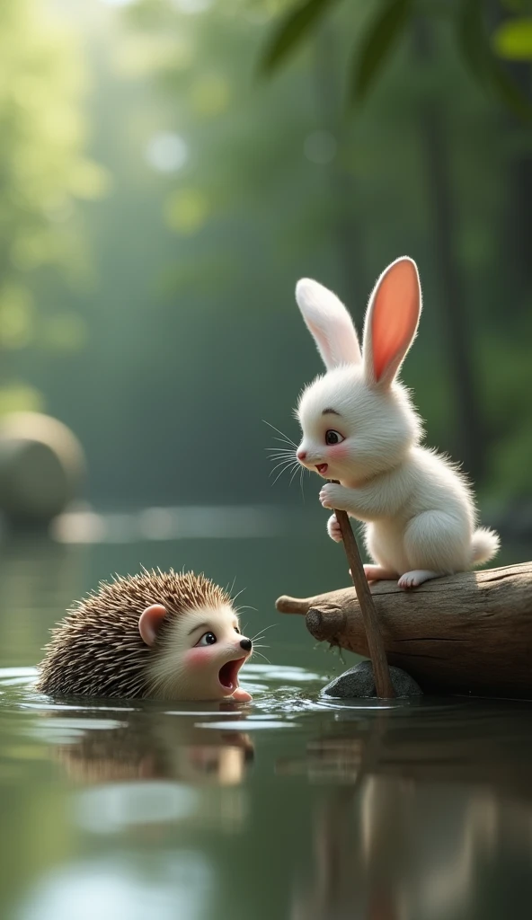 A deep river is flowing. There is a small hedgehog baby inside the river. The hedgehog's face expression looks shocked. There is a log lying on the river. A small rabbit baby is standing on the log. The rabbit is white in colour. The rabbit has small ears. The rabbit's hair is like feathers. The rabbit's face expression is shocked. The rabbit is holding a stick of the hedgehog inside the river in its hands so that the hedgehog can come out.image in 3d animation.