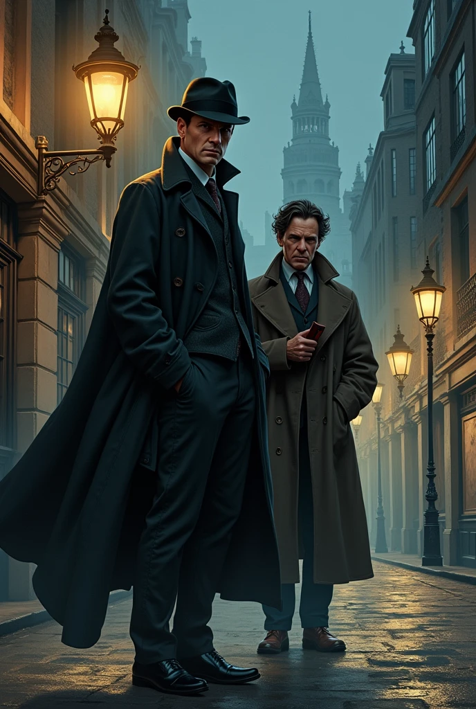 Create an illustration of Sherlock Holmes and Watson,as if described by Arthur Conan Doyle
 