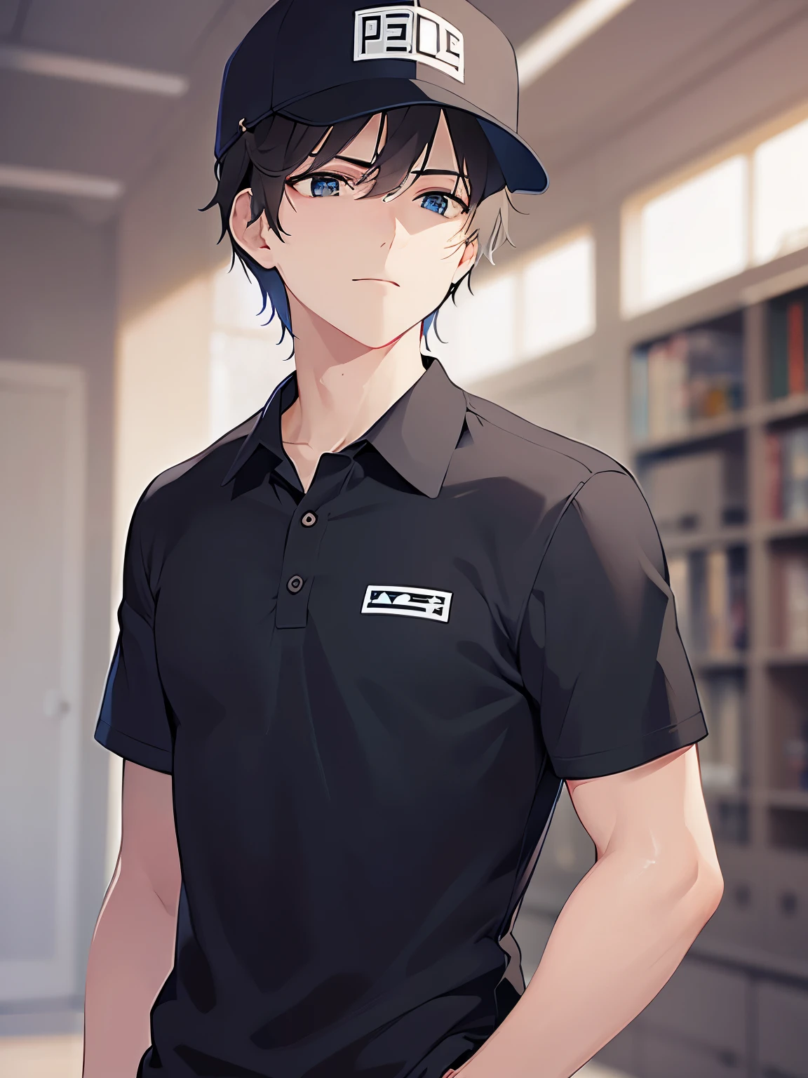(looking away:1.5)upper body,
shiny skin, masterpiece、Highest quality、
(2 male:1.5) and (Black short hair) and (blue eyes),
(black polo shirt)and(white cap)
Serious,Are standing、
Factory with machines、(alone:1.5)