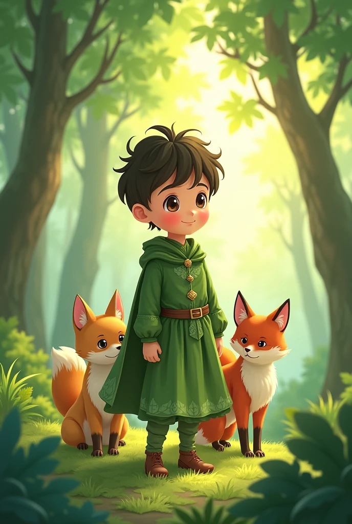 (anime)
Create the prince of the animal kingdom He is a sweet-looking boy dressed in shades of green and accompanied by his pets, a cat and a fox.