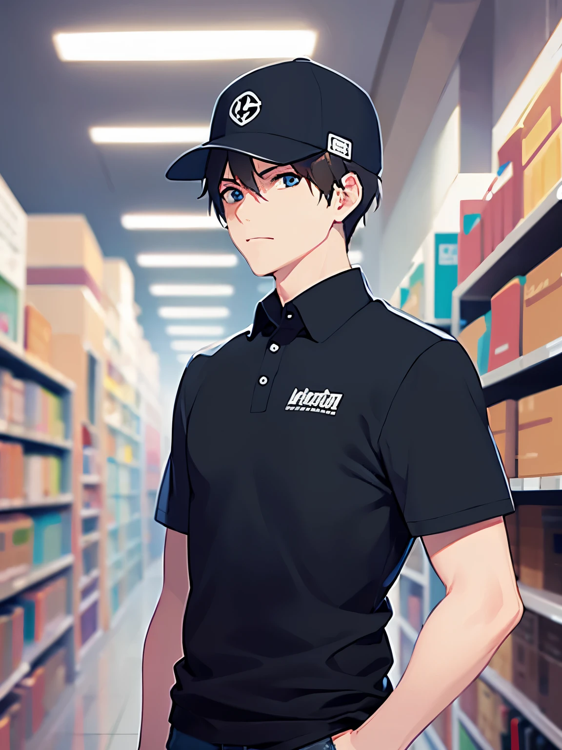 (looking away:1.5)upper body,
shiny skin, masterpiece、Highest quality、
(2 male:1.5) and (Black short hair) and (blue eyes),
(black polo shirt)and(white cap)
Serious,Are standing、
Factory with machines、(alone:1.5)