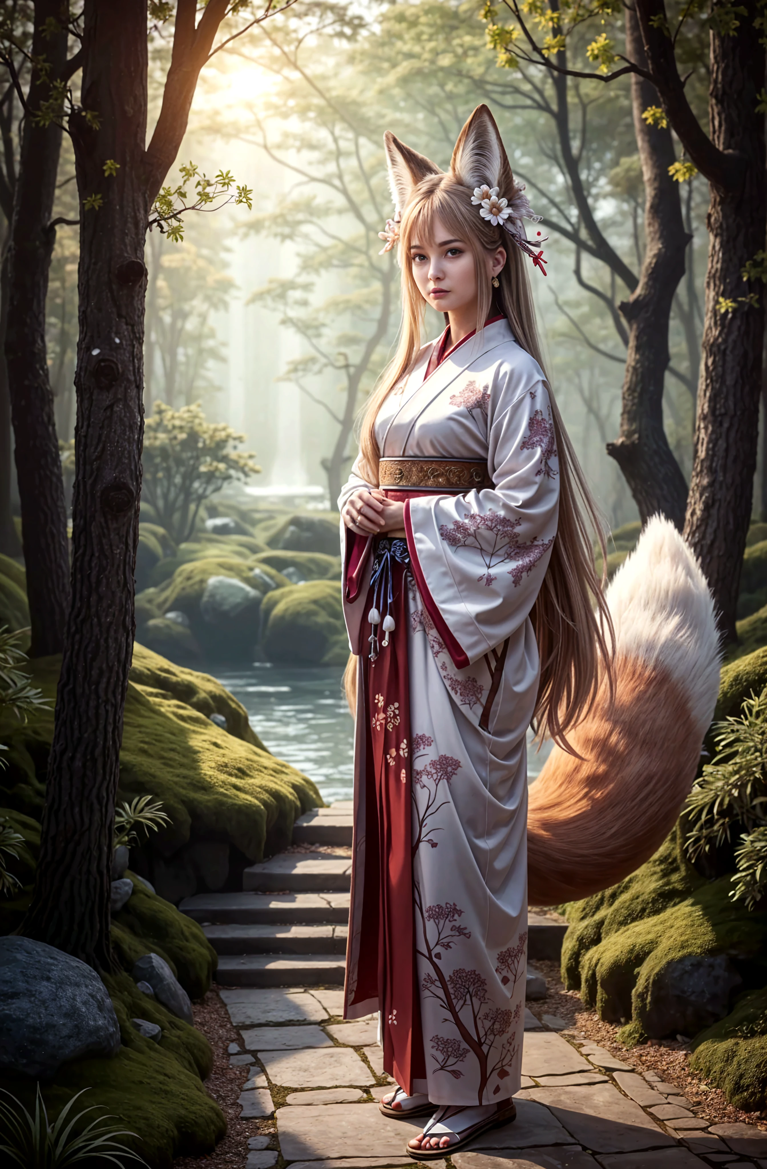 1girl, Kitsune, long flowing hair, fox ears and fox tail Best quality, ultra-detailed,vibrant colors, traditional Japanese art, ethereal atmosphere, mystical aura, captivating beauty, cherry blossoms, enchanting landscape,radiant sunlight, soft glow