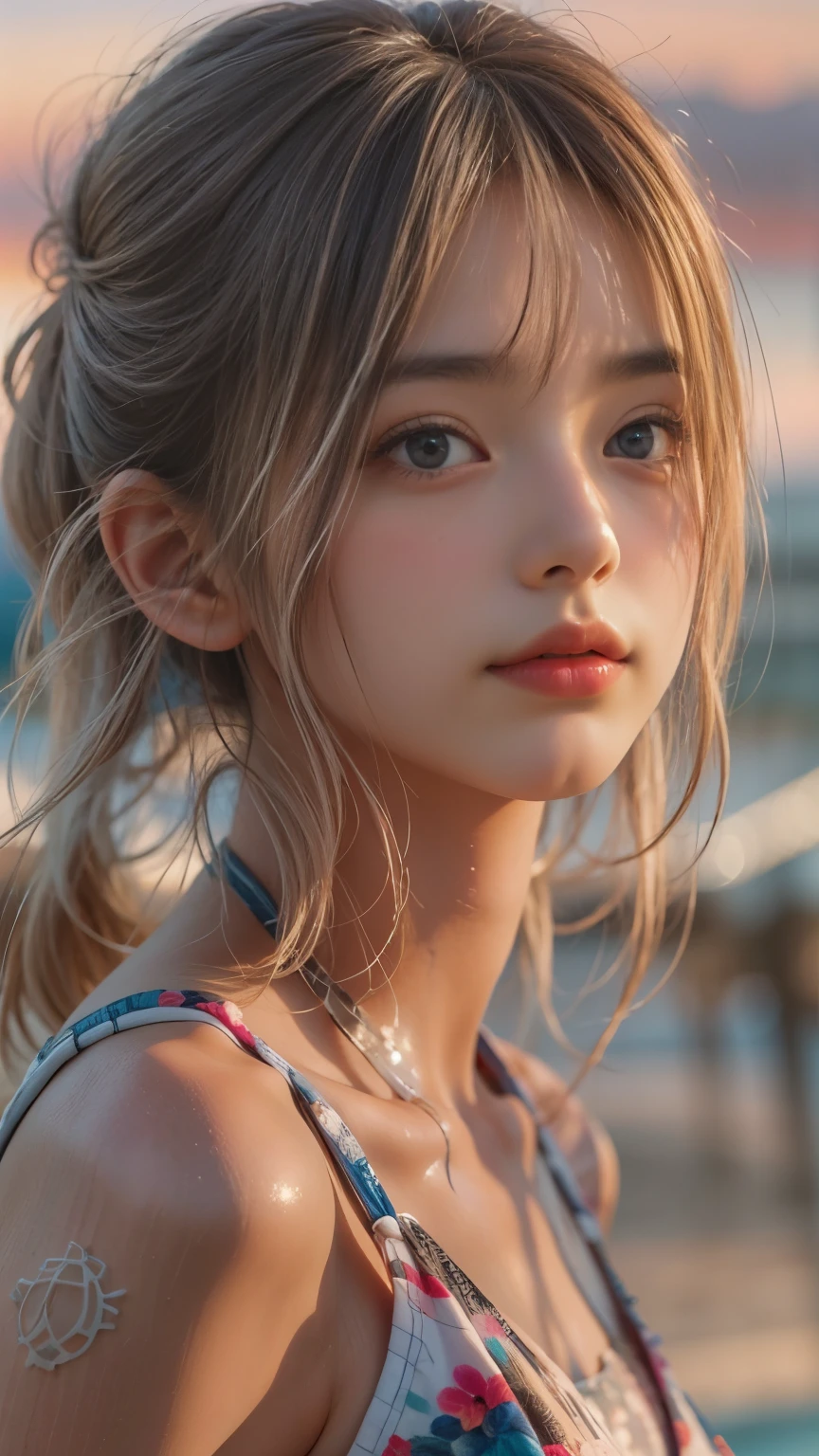 detailed face, masterpiece , Highest quality , Very detailed , 1 person, ((Contrasting Eyes)) , （Have fun), ((running)) , bikini, Beach , bangs