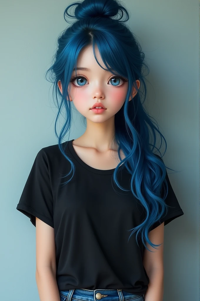 Beautiful girl with long blue hair tied up. Wearing a black t-shirt and jeans. She looks at the camera with her beautiful blue eyes.