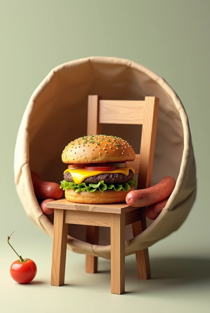 I require an image of a wooden chair in a cone, along with a hamburger and sausage I want for a meme, in a funny way Where the chair, the hamburger and sausage are inside the cone, that it is funny That everything is inside the cone You can add cheese with oregano, but the image is funny All things can be placed inside the cone