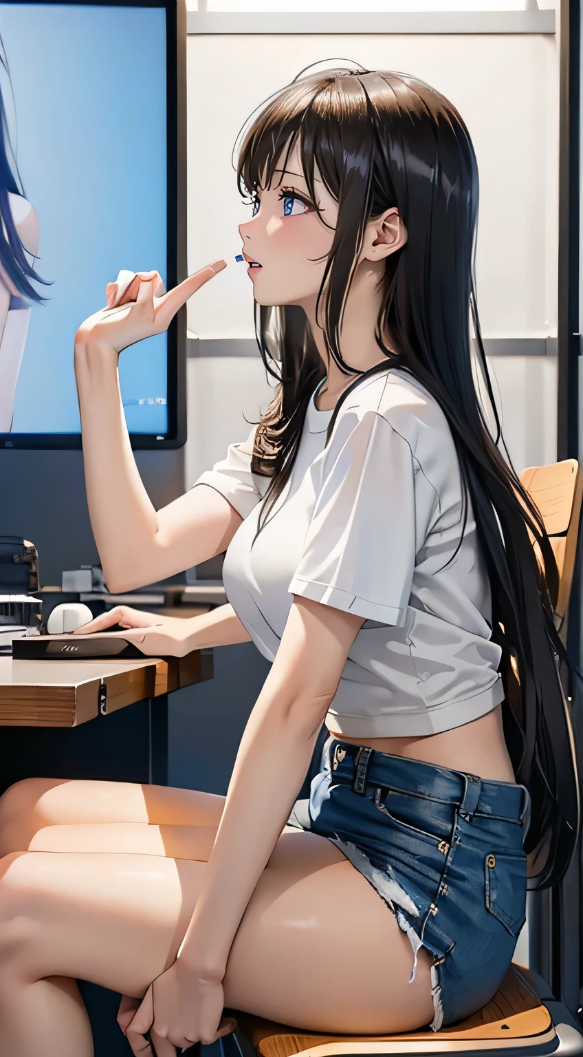 (side view), the girl  with long black hair, (ample breasts), wearing a white T-shirt and denim shorts, sitting on a chair in a TV studio. She talking seriously with a photographer. ((Her mouth is covered with her hands)). Sad face, Pointing Fingers to something. in summer