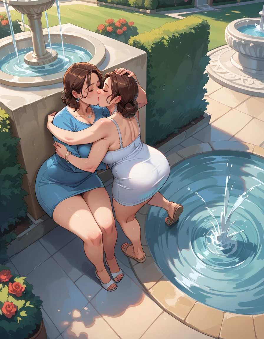 score_9, score_8_above, score_7_above, fountain_cheered up, 1 chico, 1 girl, mature woman, mother and son, , hug, kiss, hand on head, down on my knees,