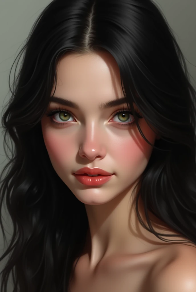 Realistic young woman, Caucasian skin, long black hair, dark green eyes, rosy mouth and cheeks. Her expression is soft, gentle and at the same time sexy. 