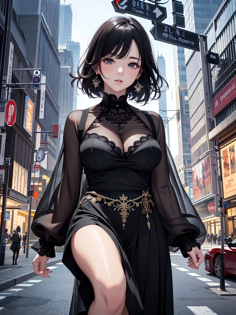 (Masterpiece、Ultra-high resolution、Detailed expression、Beautiful depiction、8k、Highest quality、Artwork:1.2)、(Giant:1.3)、Beauty、whole body、Beautifully detailed face、Over the city、A towering presence、Black Hair、Casual wear、skyscraper