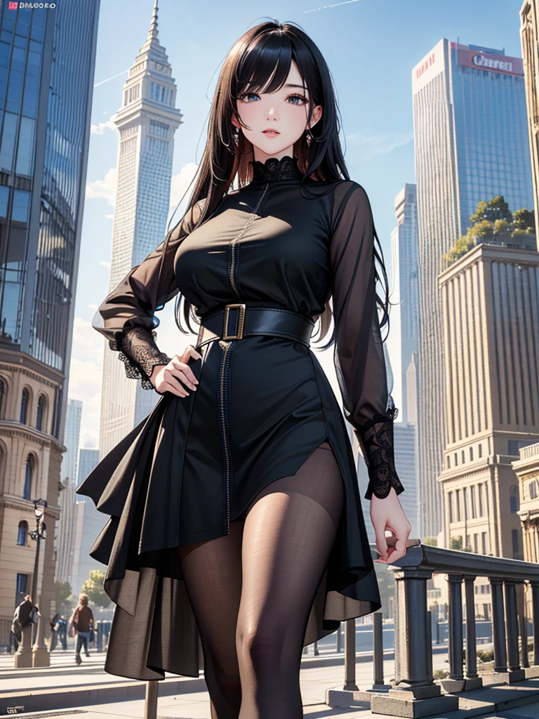 (Masterpiece、Ultra-high resolution、Detailed expression、Beautiful depiction、8k、Highest quality、Artwork:1.2)、(Giant:1.3)、Beauty、whole body、Beautifully detailed face、Over the city、A towering presence、Black Hair、Casual wear、skyscraper