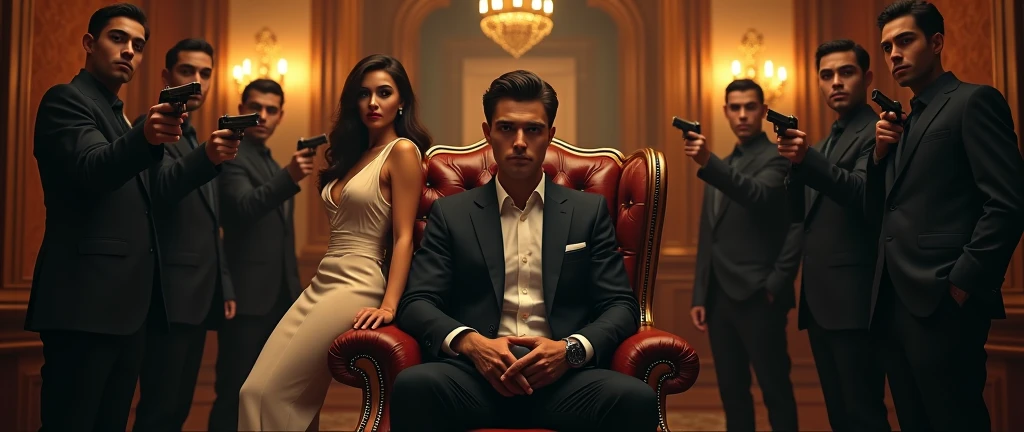 In the center of the poster, a strong, handsome, and young Mafia Boss sits confidently on an opulent boss chair. His posture exudes authority and dominance. Behind him stands a beautiful woman, her elegance and grace complementing the Boss’s powerful presence. Next to her, a contrasting figure, the Mafia Boss's other persona, is dressed in simple attire, adding depth to his dual identity.
The background features a luxurious bungalow, its grandeur highlighted by the sophisticated design. A crowd of men in black suits, holding guns, stands in the foreground, their attire and weapons reinforcing the mafia theme.