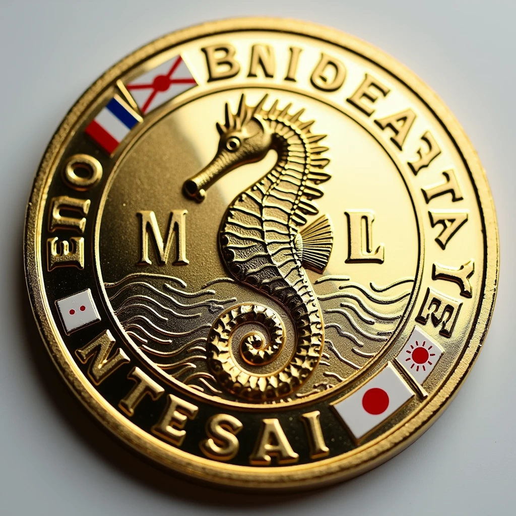 A coin is made with the letter M in the center.. Seahorse design in the center. Money, high quality, A luxurious image. The outside features the flags of JAPAN and MARASHIMA..
Transparent watermark on background