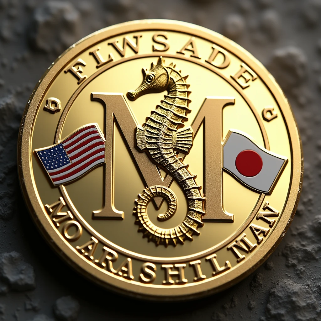 A coin is made with the letter M in the center.. Seahorse design in the center. Money, high quality, A luxurious image. The outside features the flags of JAPAN and MARASHIMA..
Transparent watermark on background