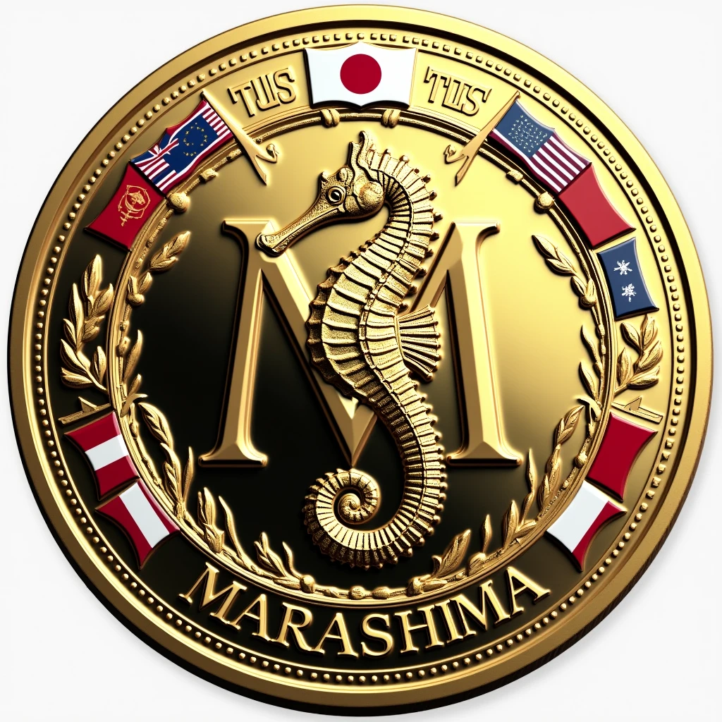 A coin is made with the letter M in the center.. Seahorse design in the center. Money, high quality, A luxurious image. The outside features the flags of JAPAN and MARASHIMA..
Transparent watermark on background
