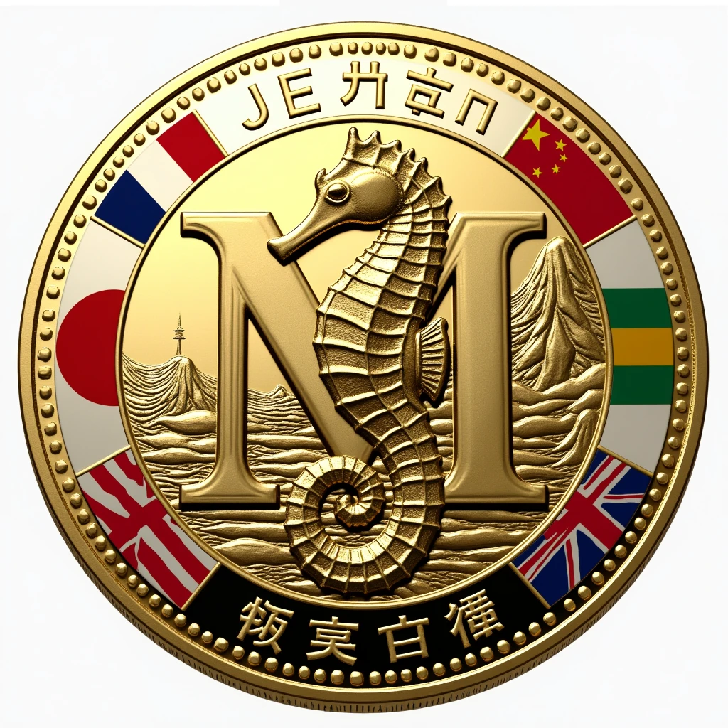 A coin is made with the letter M in the center.. Seahorse design in the center. Money, high quality, A luxurious image. The outside features the flags of JAPAN and MARASHIMA..
Transparent watermark on background