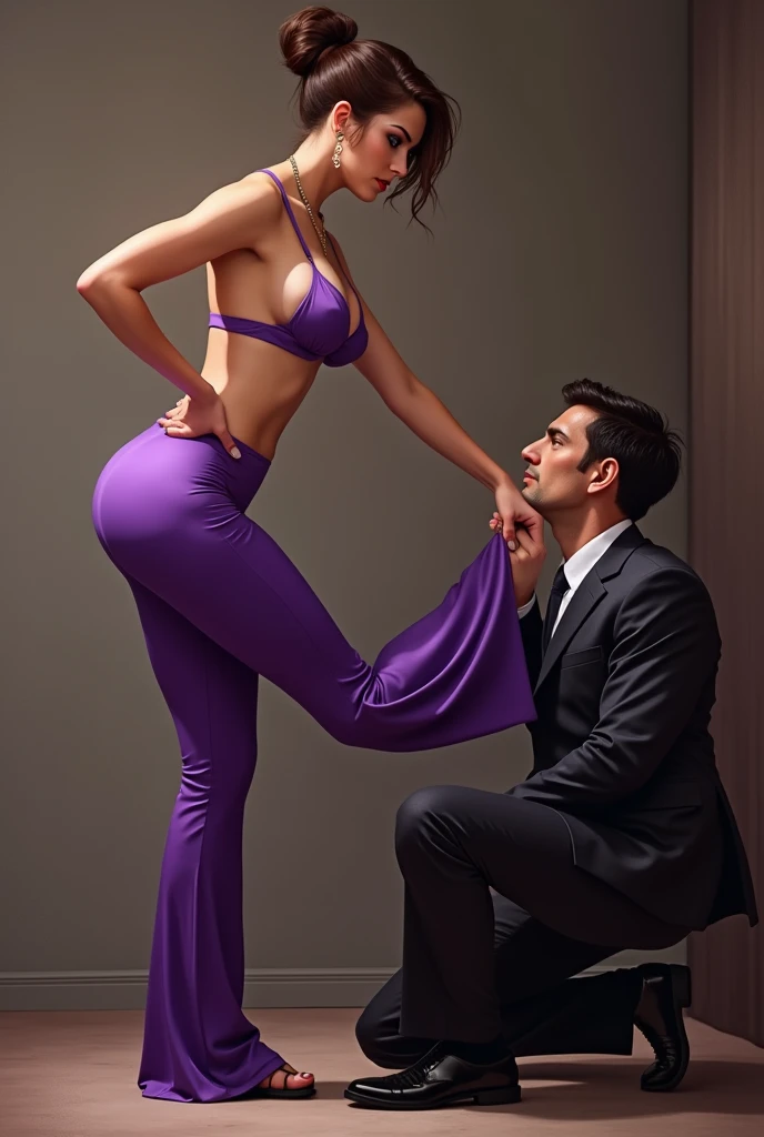 Fight, mistress kicking man's chest ,man's chest kicked by mistress foot,chest kicking , Beautiful Mistress,brown bun hairs, wearing purple boot-cut pants, wearing purple underwear, wearing black sandals, handsome man, man wearing suit