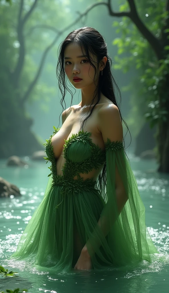 CHINESE 14 YO Stunning woman, woman coming out of a river with green waters, forest, dress of leaves, the water is boiling, steamy, large breasts, wet body, wet hair, , Vanessa Decker. sexy. hottie