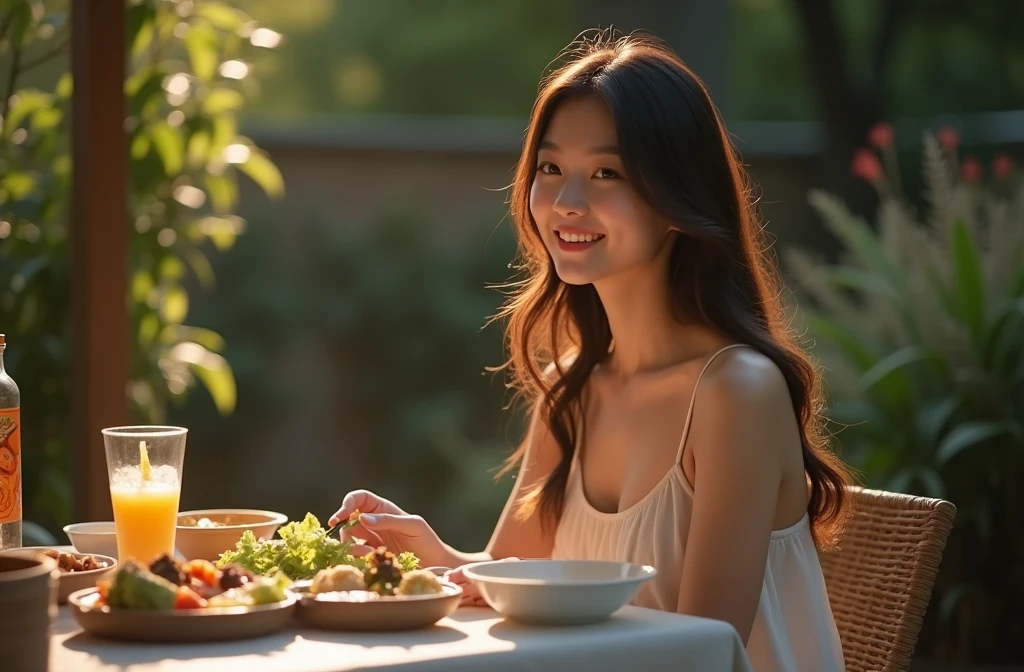 a young asian woman with long wavy hair wearing a summer dress, sitting at a table, food on the table, smiling, (high detail skin:1.2), 8K UHD, Digital SLR, Soft lighting, High quality, filmgrain, Fujifilm XT3, perfect figure, (beautiful woman:1.4), ((wavy hair)), RAW photo, rim lighting, dim lighting, perfect anatomy, anatomically correct, perfection proportions.
