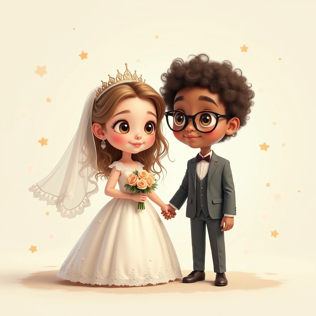 Drawing of a white-skinned girl with curly hair dressed as a bride and a boy dressed as a groom with light brown skin and glasses looking forward for an invitation card
