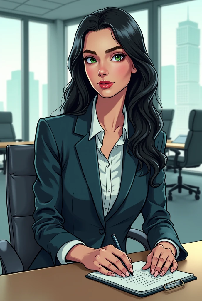 Create a comic style image about maya, a black haired girl, white skin, green eyes, sitting in an office conference room wearing formal attire. Show it from side perspective