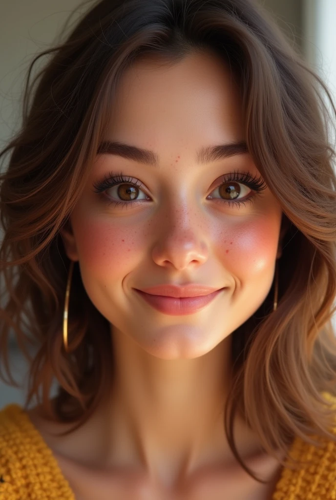 Make a with medium brown wavy hair, eyebrows a little thick, chocolate brown eyes and big eyelashes, big rosy cheeks with few freckles on the cheek
