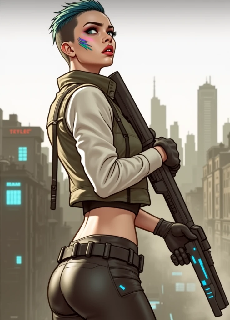 /imagine a drawing with lines and brush paintings of a cyberpunk warrior, stylized drawing, she wears leather clothes, blue neon details, blue hair, war paint on her face, wielding a large technological weapon, she appears in profile, she is turning her face back, she has a frightened expression, large, wide eyes, around her a chaotic futuristic city, dark and sober environment, streets in the style of the cities in the film Blade Runner 2049,