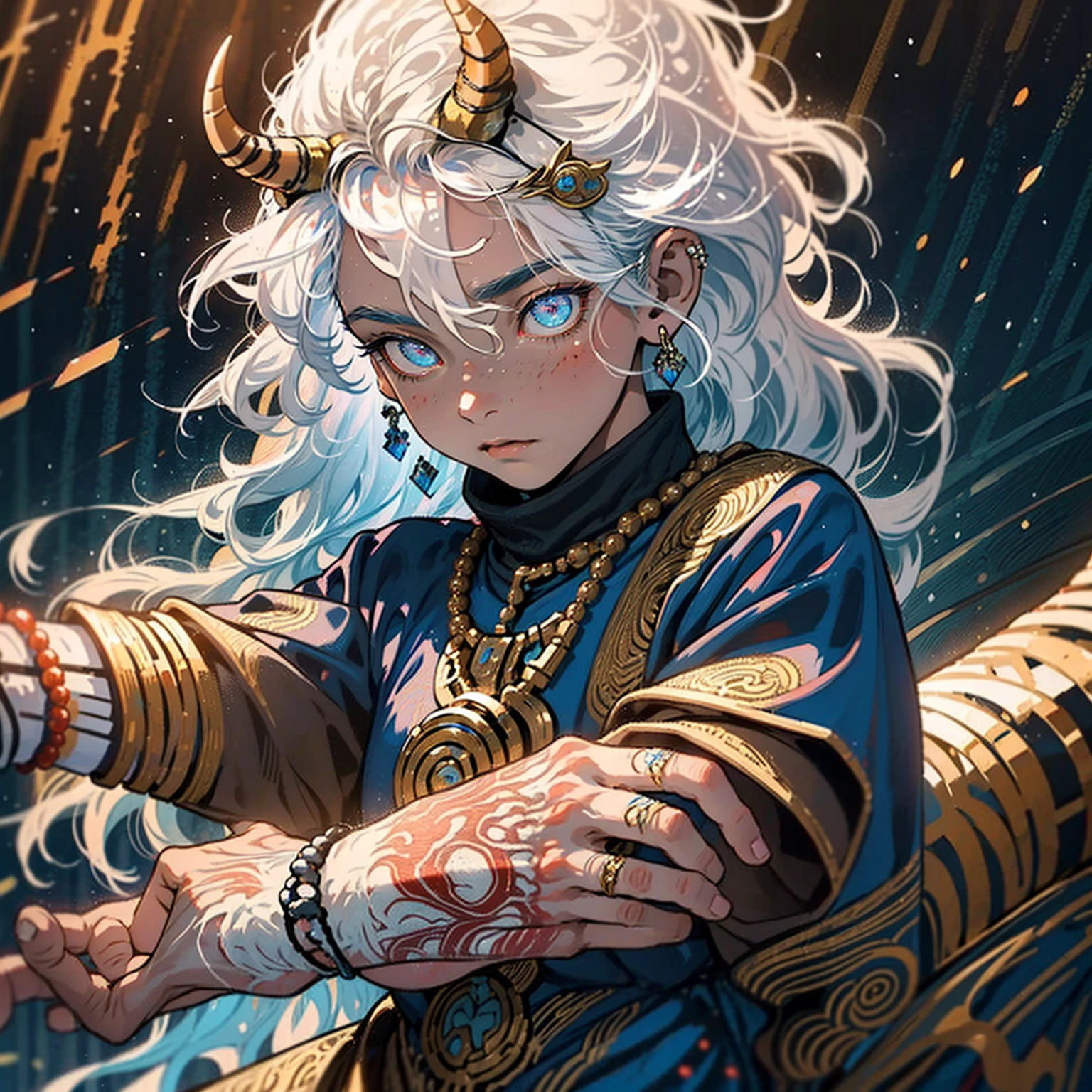 1male, mature, tan skin, finely detailed glowing blue eyes, ((detailed hands)), nice hands, medium messy hair, white hair color, prayer bead necklace, prayer bead bracelet, standing with hands in pocket, standing on mountain trail, waterfall, night, somber expression, ((detailed eyes)), ((horns)), red tattoos on chest