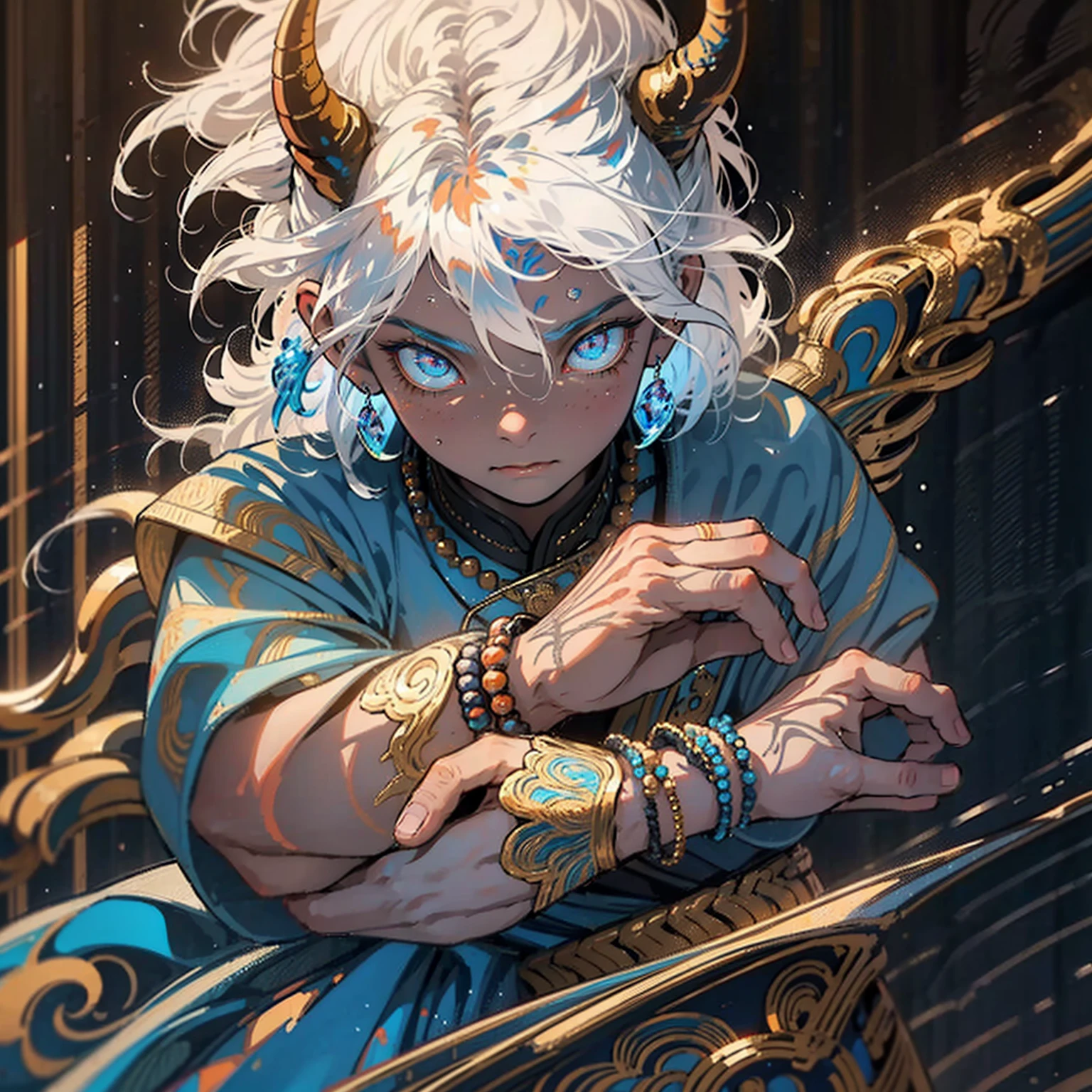 1male, mature, tan skin, finely detailed glowing blue eyes, ((detailed hands)), nice hands, medium messy hair, white hair color, prayer bead necklace, prayer bead bracelet, standing with hands in pocket, standing on mountain trail, waterfall, night, somber expression, ((detailed eyes)), ((horns)), red tattoos on chest
