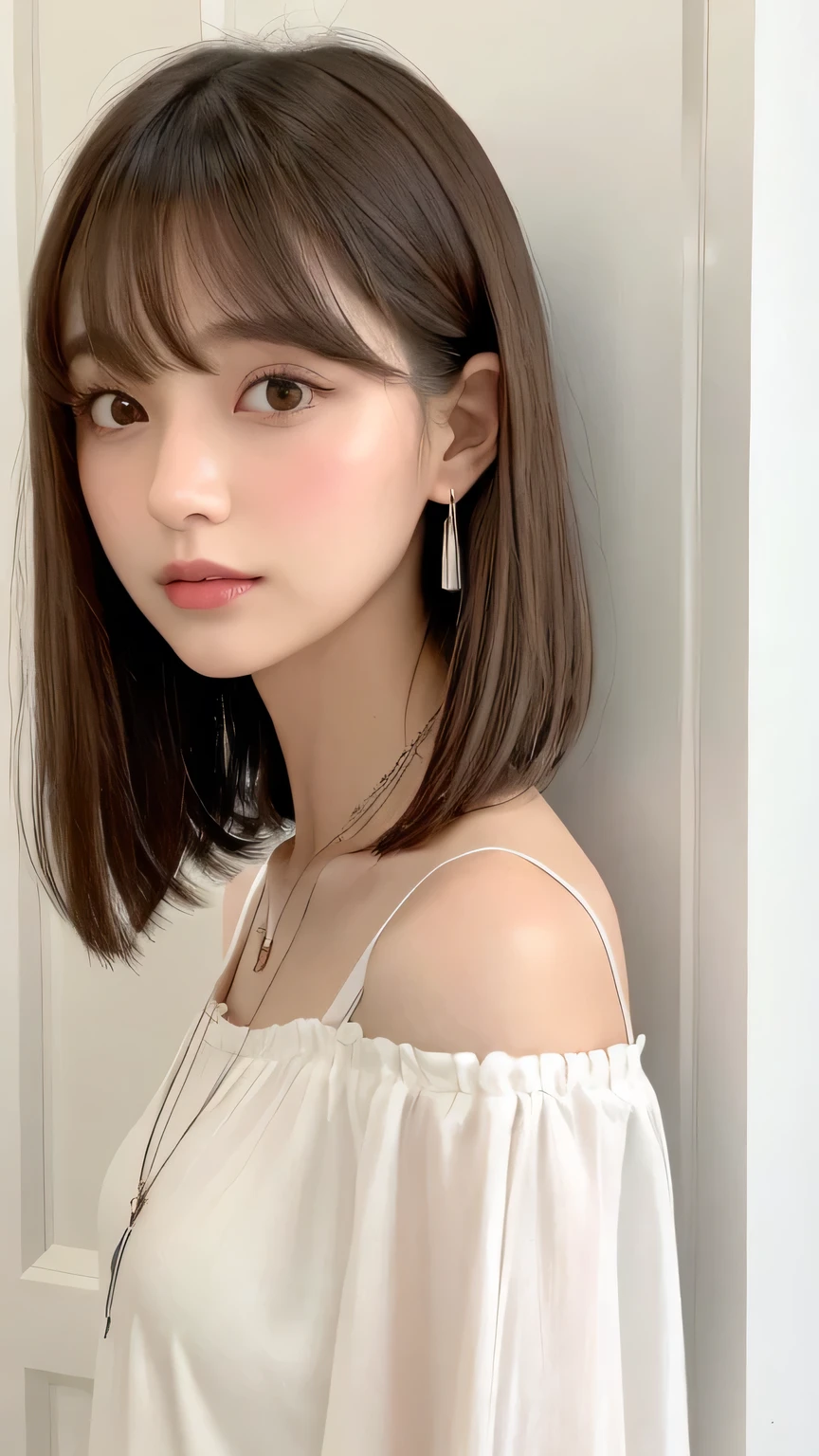 wearing a white shirt, Shoulder-length hair,Layered Cut、Shoulder - Length hair, Medium length hair, Curtain bang, Medium Hair, with short hair, Princess Cut, Shoulder-length hair, White princess cut hairstyle, Korean symmetrical face, short～Medium Hair, Shoulder - Length, A close-up of a brown-haired woman with a sleek hairstyle with bangs、White wall、In front of the white door、((A room with a white wall and a window))、Mr..々tracing、Simple Necklace、Don&#39;Don&#39;Don&#39;t look at the camera