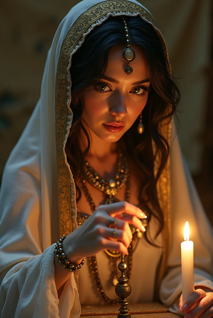 a Hebrew pendulum doing dowsing, beautiful detailed eyes, beautiful detailed lips, extremely detailed eyes and face, long eyelashes, ornate Hebrew jewelry, flowing robes, ancient parchment, candlelight, dramatic lighting, chiaroscuro, mystical, ethereal, occult, spiritual, (best quality,4k,8k,highres,masterpiece:1.2),ultra-detailed,(realistic,photorealistic,photo-realistic:1.37),digital art, fantasy, concept art