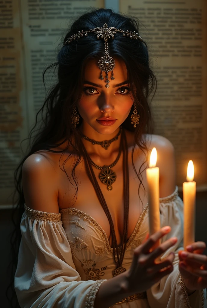 a Hebrew pendulum doing dowsing, beautiful detailed eyes, beautiful detailed lips, extremely detailed eyes and face, long eyelashes, ornate Hebrew jewelry, flowing robes, ancient parchment, candlelight, dramatic lighting, chiaroscuro, mystical, ethereal, occult, spiritual, (best quality,4k,8k,highres,masterpiece:1.2),ultra-detailed,(realistic,photorealistic,photo-realistic:1.37),digital art, fantasy, concept art