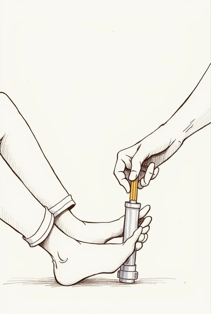 Generate a drawing of a pencil sharpener being held by the sole of the foot, only one hand is sharpening a pencil with that pencil sharpener that is on the sole of his foot. Let the pencil sharpener be a simple one, silver manual.. Let it be drawing style. That the pencil is inside the sharpener, The sharpener is small and does not have any compartment for pencil waste.